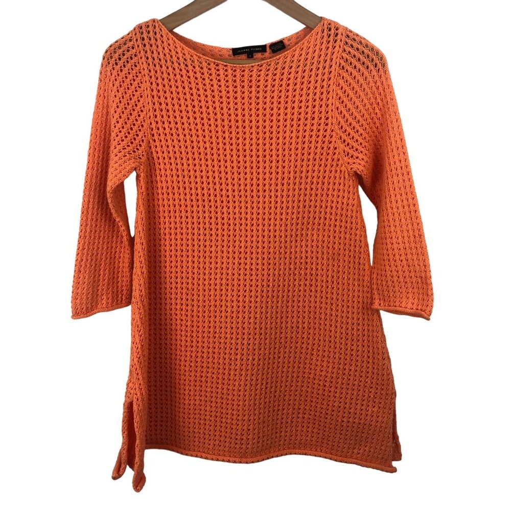 Jeanne Pierre Women's Size Small Orange Crochet Open Knit Sweater 3/4 Sleeve